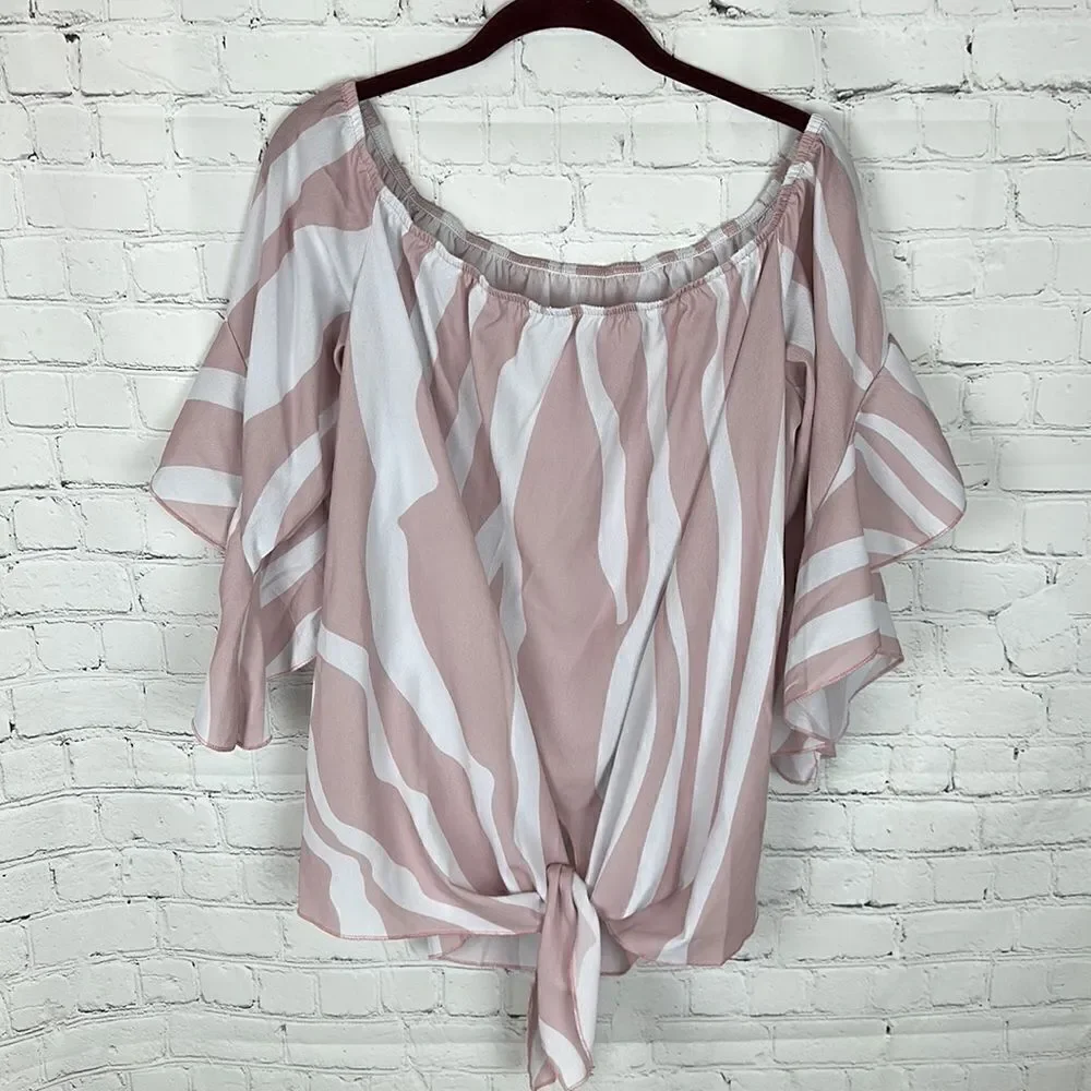 Asvivid Pink & White Off The Shoulder Top Flare Sleeve Tie Knot Blouses Size 2X